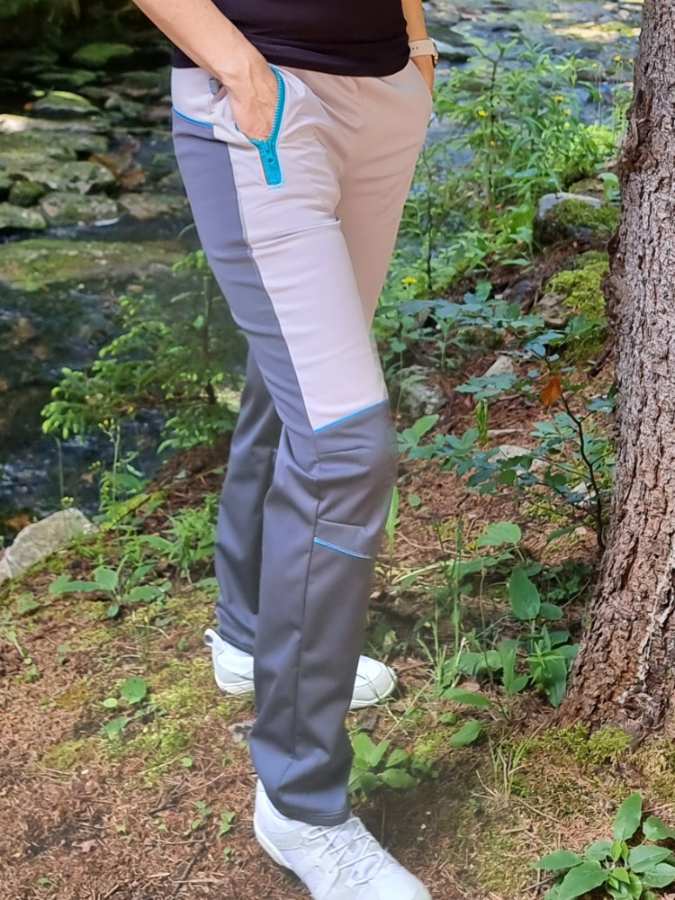 vel. S - Dámské LETNÍ softshellové kalhoty/šedo-šedé s tyrkys doplňky